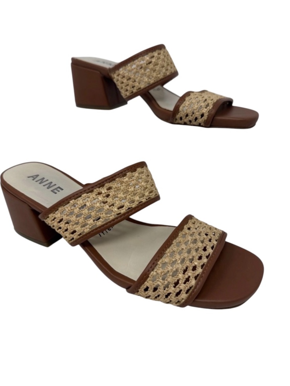 Anne Klein Brooke Brown and Natural Raffia Two-Strap Block Heel Sandals Size 8